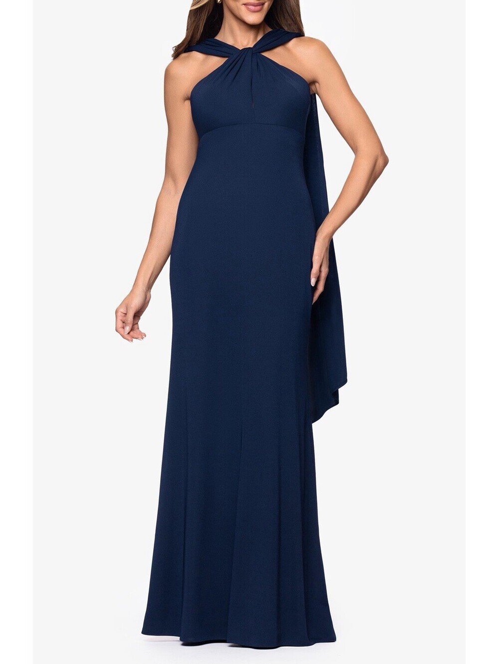 New Xscape Halter Jersey Knit Scarf Neck Long Dress In Navy Size 6 $258
